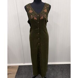 Vintage Erika Women's Large Olive Embroidered Sleeveless Velvet Maxi Dress 90's